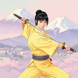 breathtaking detailed pattern pastel colors, action scene from kill bill, with uma thurman ( kill bill ) in yellow kimono, swinging katana sword, and mt. fuji, by hsiao - ron cheng, exquisite detail, enhanced eye detail