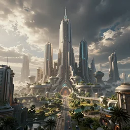 a render of a beautiful utopian futuristic city by gal barkin, octane render, sci - fi, trending on cgsociety, fantasy