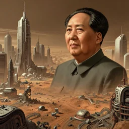 a hyper realistic digital art of mao zedong in cyberbunk city on mars by elvgren, gil, intricate linework, cinematografic, highly detailed, hyperrealism, digital art, artstation, concept art, unreal engine 6, detailed and intricate environment, an expansive view of