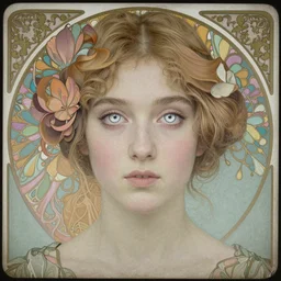 portrait of a beautiful young lady with huge bright silver eyes, colored daguerreotype by pontormo, by bosch, by mucha, by Mackintosh, by max ernst, art noveau, ornate, highly detailed, liminal, eerie, Bright pastel colors