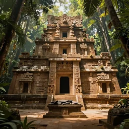 fantasy aztec temple ruins behind warm and lush jungle forest, intricate, elegant, highly detailed, dramatic lighting pouring through the canopy, hearthstone, sung choi, victor adame, tyler jacobson