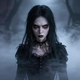 photorealistic full shot portrait of angry darkness anime girl, worrying eyes, inspired by Tim Burton, detailed, unreal engine 4k volumetric light, fog,