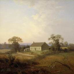 A serene landscape with a singular building in the style ofAlbert Bierstadt.