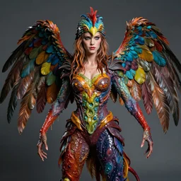 a portrait photograph of julia stiles as a colorful harpy super hero with mutated slimy wet skin. she is trying on a amphibian creature suit and transforming into a feathered alien beast. by tom bagshaw, donato giancola, hans holbein, walton ford, gaston bussiere, peter mohrbacher and brian froud. 8 k, cgsociety