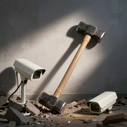 surveillance cameras being destroyed by a sledgehammer