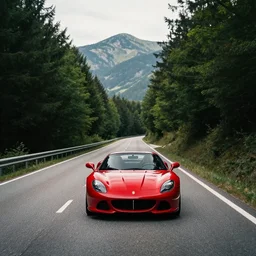 red barchetta driving up a mountain with trees on both sides of the road, cinematic, beautiful