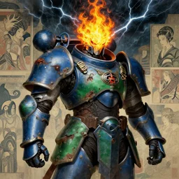 composition portrait mainem of gothic and futuristic, warhammer, cyber japan style armor, more and more scars, thunderstorm, fire head, blue, green and yellow, highly detailed, artstation, in the style of moebius, jugendstil and classic japanese print, art by jean delville and rene magritte