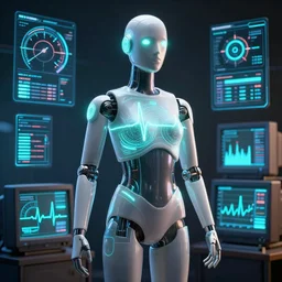 mannequin articulated body, glowing vector, biosensors, electrocardiograph, temperature, eye tracking, detailed, octane render, global illumination, future science, gauges and dials, graphs, blender, octane render, crt, data