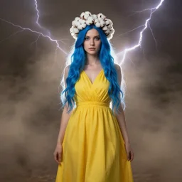bavovna goddess, full body model pose, blue hair, yellow dress, crown of white! cotton!!!! flowers, beautiful symmetrical face!!!, cinematic lightning, rim light, murky dusty deep smoky eyes, ross tran, greg rutkowski