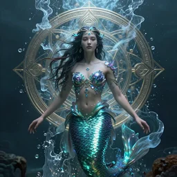 a render of an ancient futuristic ethereal alluring goddess mermaid with digital modifications surrounded by a underwater ink pour and flowing liquid gallium and complex sacred geometry, powerful, cinematic, beautifully lit, perfect face, by beeple, by artgerm, by karol bak, by brian froud, 3 d, trending on cgsociety, octane render, zbrushcentral, 8 k