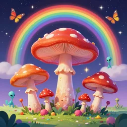 4 k, psychedelic mushrooms, enchanted alien world, mushrooms on the ground, aliens, galaxy in the sky, butterflies, occult, illuminati, third eye, rainbows, bright colors, psychedelic, vector art, honeycomb, dripping, fire, high contrast, fantasy poster by helen huang and frank frazetta and salvador dali and norman rockwell, anime style