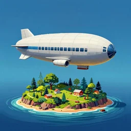 surreal glimpse into other universe, zeppelin, island, summer morning, very coherent and colorful high contrast, art by! gediminas pranckevicius! geof darrow, volumetric lighting, cinematic, floralpunk screen printing woodblock, dark shadows, hard lighting, stipple brush