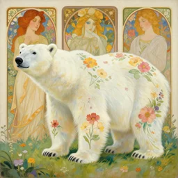a beautiful painting of a polar bear covered with flowers by simon stalenhag and pascal blanche and alphonse mucha!! and nekro and josan gonzalez. in style of digital art. colorful comic, film noirs, symmetry, brush stroke, vibrating colors, hyper detailed. octane render. trending on artstation