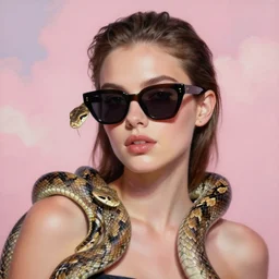 portrait, fashion model in sunglasses, snakes, pink cloudy background, hyper detailed, photo realistic, vouge style photo, oil painting