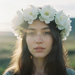 An analog head and shoulder frontal face portrait photography of a woman wearing a big white flowers crown by Nina Masic. Long soft hair. eyes open. Kodak Color Plus 800 film. Icelandic mood. detailed. hq. realistic. warm light. muted colors. lens flare. Glare and bloom. photoreal. Medium format photography. Rembrandt light mood. Golden hour. Leica M9.