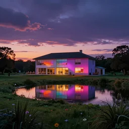 architecture by david hockney, meadow at dawn at dusk nightsky nightvision landscape anime neon signs lake lightpaint sunset, archdaily, wallpaper, highly detailed, trending on artstation.
