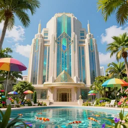 art deco 1 9 2 0 metropolis optimistic colorful sunny parasols hologram koi lush parks trees flowers water clear focus art deco architecture fantasy by ross tran greg rutkowski intricate elegant retro futuristic highly detailed artstation
