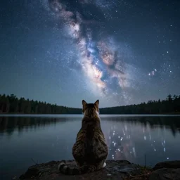 A photo of the milkyway reflecting inside a lake, a cat sits infront of the lake, facing backwards to the camera