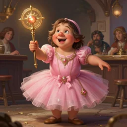male dwarfish cleric wearing a pink ballerina dress, holding a holy symbol, he is preaching. the background is a friendly tavern. The mood is friendly and welcoming. dungeons and dragons, highly detailed, digital painting, artstation, concept art, sharp focus, illustration, art by Leonardo da Vinci and Michelangelo and Botticelli