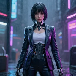 anime woman portrait made out of rain, beautiful, cyborg, stylish suit, cyberpunk background, neon, rendered in octane, unreal engine, matte painting, sharp focus, trending on artstation, futuristic
