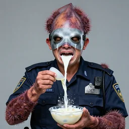 a portrait photograph of a policeman whose skin has been replaced with sea urchins. he wears a squid mask and has no eyes. perfect studio lighting, beautiful focus and emotion. he is crying milkshakes and soup.