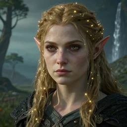 an ultra realistic, cinematic, fantasy portrait, of an elden ring elf, fairy lights, facial features, background of a vast serene landscape, with trees and waterfalls, detailed, deep focus, movie still, dramatic lighting, ray tracing, by michal karcz and yoshitaka amano