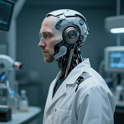 a laboratory operator man with cybernetic enhancements, scifi character portrait by greg rutkowski, craig mullins, daytoner, cinematic lighting, dystopian scifi gear, profile picture, cyborg, half robot