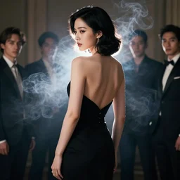 Elegant woman with black hair wearing black dress, backlight backlit smoke, hard light, cinematic lighting, high detail, concept art background by john harris + andreas rocha, artwork by charlie bowater + artgerm + anato finnstark + ross tran