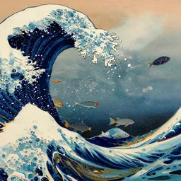 paint swirls on canvas overlaid over a wood block print of an ocean filled with tropical fish, liquid closeup, ultra macro, toned, cinematic, post - processing, by hokusai and utagawa and ohara koson and thomas kinkade. white paint spatters and dry brush oil paint accents. digital art.