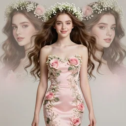 romantic and fashion and love princess of the flower with sheath dress, pink rosa, gypsophila, teenager girl, baroque, symmetrical head and body, flowing hair, smile, trending pinterest and pixiv, muted colors, hyperrealistic, focused, close up shot, character concept art, face by kyoung hwan kim, alexandra fomina, ilya kuvshinov