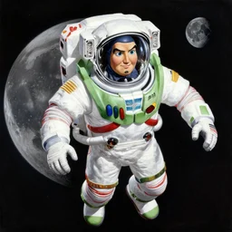 extremely detailed painting of astronaut captain buzz lightyeahr floating in space, moon in the background, hyper realistic masterpiece by hajime sorayama