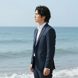 japanese man with long hair in a suit standing in the ocean looking at the camera, wide shot, sunset, album cover, 1980, tatsuro yamashita