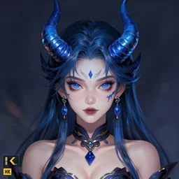 portrait of demon queen with blue horns, anime girl, digital painting, devian art, trending on artstation, hd, 4 k