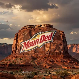 an immense mountain dew logo painted on the side of monument valley rock formations, dramatic clouds, golden hour, sharp focus, cinematic, moody, imax