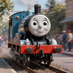 Thomas the tank engine walks down the street with his human arms and human legs