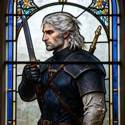 side - view portrait of eredin from the witcher 3, stained glass window, very masterful