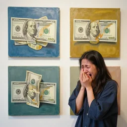 an artist crying while looking at four paintings by money
