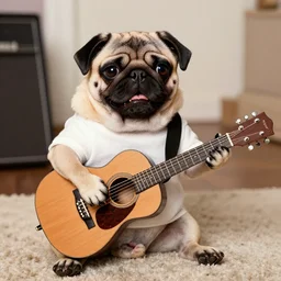 pug dressed like dolly parton playing guitar