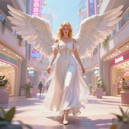 infinitely detailed concept art of angel elegantly clothed strolling through a peaceful path, artstation!! / pixiv!!! infinitely detailed, mall dream world, in a mall with alot of stores and neon signs, scenery art concept, dream magical, dream scenery art, dream lighting, full - body majestic angel