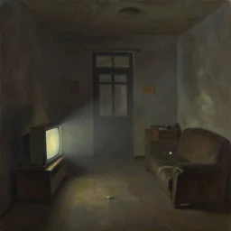 dark oil painting of an sparsely furnished communist apartment with a vintage television shining light on old things