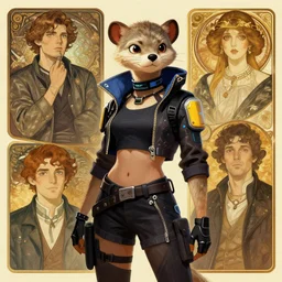female anthropomorphic furry weasel character in cyberpunk clothes. Renowned character illustration by greg rutkowski, thomas kindkade, alphonse mucha, loish, norman rockwell. Trending on artstation.