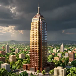a skyscraper made of chocolate and waffles in the middle of a green city.