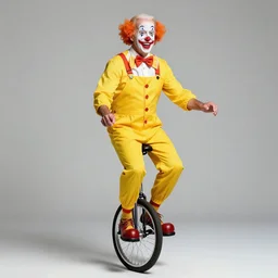 studio color photo realistic full body illustration portrait of joe biden as a clown with white face paint orange hair and yellow jumpsuit riding a unicycle