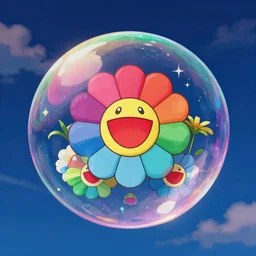 closeup shot of flowers inside a bubble floating in the sky, a dark blue background and colorful clouds with stars by takashi murakami, beeple and james jean, aya takano color style, trippy, 8 k, super detailed, night sky, digital art, digital painting, clean