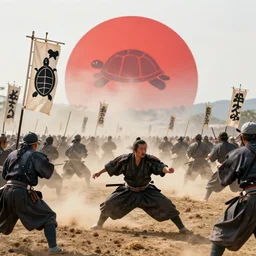 samurai banner, tortoise symbol, sun on the background, battlefield, dirt, grain, dust, stretch, battle in kyoto 1 4 2 5, photo realistic, photography, war photography, highly detail, shallow focus, high key lighting, momentum, moment photography, breathtaking, famous photography, history