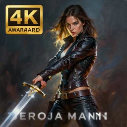 painting of a female wearing skintight leather jacket holding a sword, by jeremy mann, fantasy art, dynamic lighting, artstation, poster, volumetric lighting, 4 k, award winning