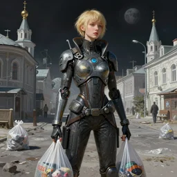 A portrait of a cyberpunk person with plastic bags on the street of Russian sleeping quarters on the moon, Norilsk, sci-fi, fantasy, intricate, very very beautiful, elegant, highly detailed, digital painting, artstation, concept art, smooth, sharp focus, illustration, art by artgerm and greg rutkowski and alphonse mucha