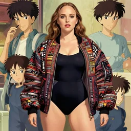 a beautiful natalie portman alluring gravure! plus sized model, wearing oversized mayan bomber jacket and leotard with overalls, bulky poofy bomber jacket with mayan patterns, aztec street fashion, gapmoe yandere grimdark, trending on pixiv fanbox, painted by greg rutkowski makoto shinkai takashi takeuchi studio ghibli, akihiko yoshida