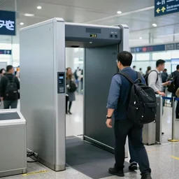 a surveillance photo of a man going through x - ray machine at airport