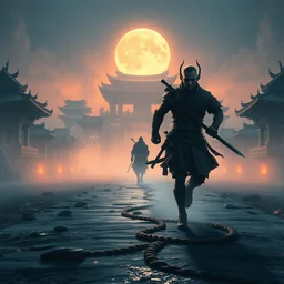wide angle of a warrior run after monk in the distance : 6 character design : 2 midnight, illusion, stunning, breathtaking, majestic, asian fantasy, digital render, line art, unreal engine, de - noise, 8 k, volumetric lighting, symmetrical, pronounced features, detailed contrast, scattered mist, glow 3 d alejandro alvarez alena aenami